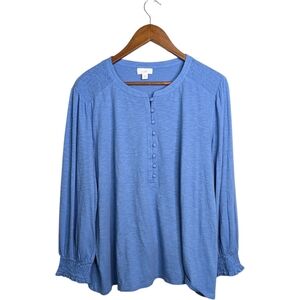 J. Jill Smocked Popover Long Sleeve Top XL Blue Cotton Stretch Modest Career